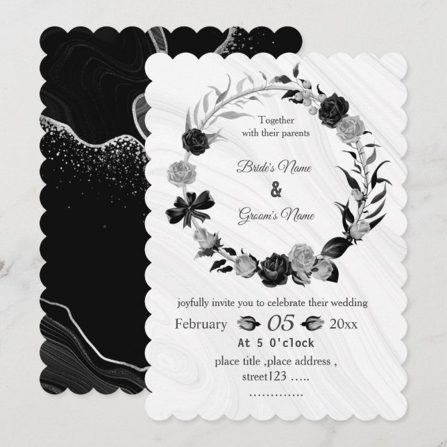 silver gray & black floral wreath wedding invitation (Front/Back)