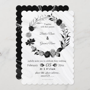 silver gray & black floral wreath wedding invitation