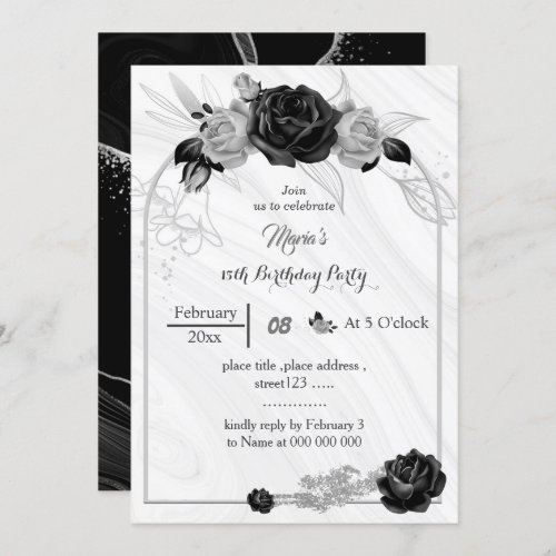silver gray  black flowers birthday  invitation