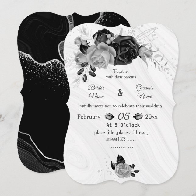 silver gray & black flowers botanical wedding invitation (Front/Back)