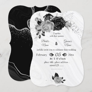 silver gray & black flowers botanical wedding invitation