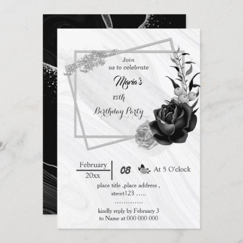 silver gray  black flowers geometric birthday  invitation