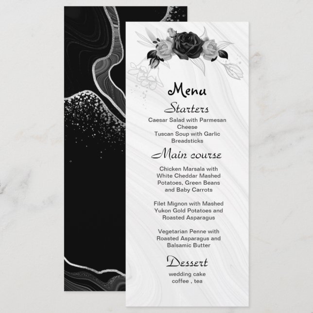 silver gray & black flowers wedding menu (Front/Back)