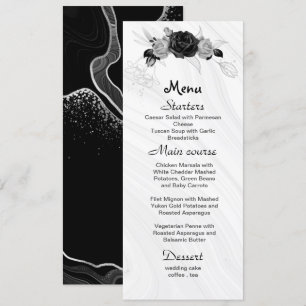 silver gray & black flowers wedding menu