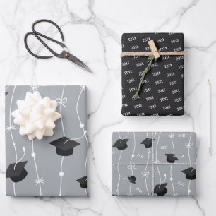 Silver Gray & Black Graduation Cap Toss Wrapping Paper Sheets
