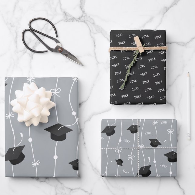 Silver Gray & Black Graduation Cap Toss Wrapping Paper Sheets (Front)