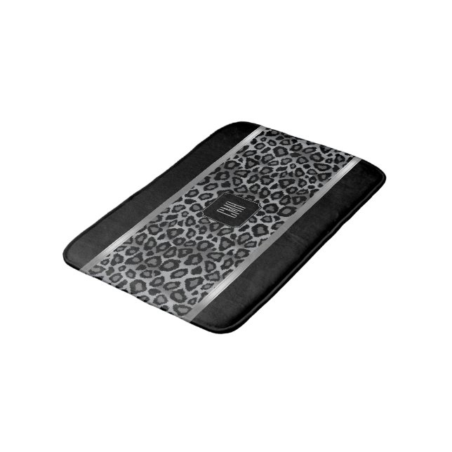 Silver Gray & Black Leopard Pattern - Monogram Bath Mat (Angled)