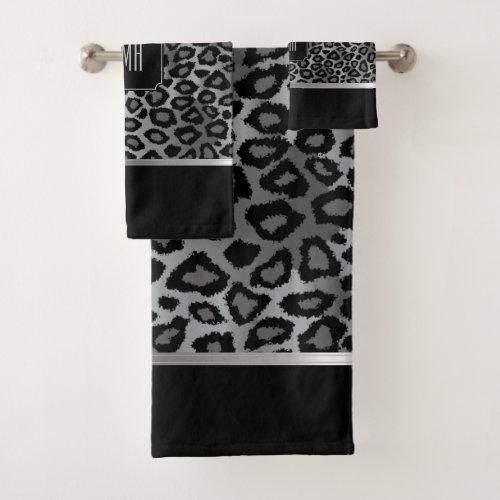 Silver Gray  Black Leopard Pattern with Monogram Bath Towel Set