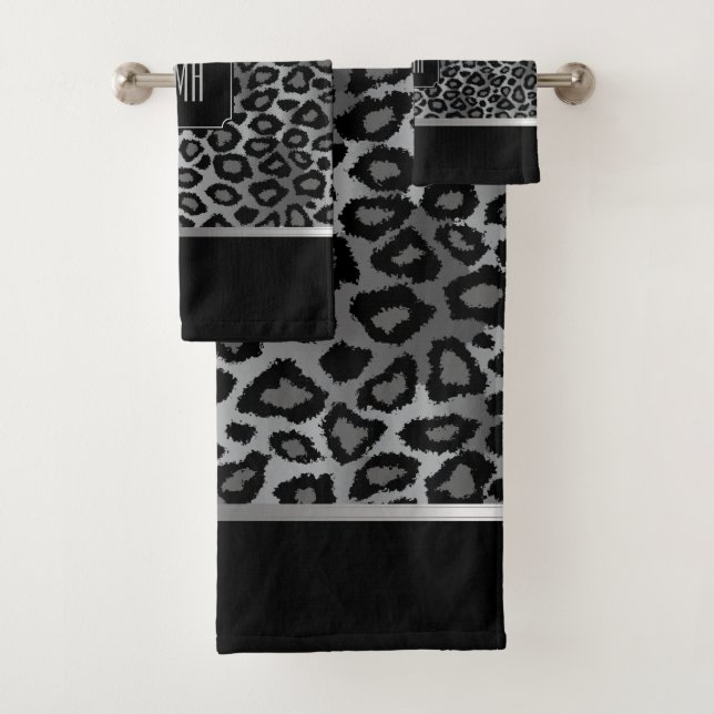 Silver Gray & Black Leopard Pattern with Monogram Bath Towel Set (Insitu)