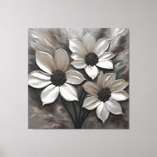 Silver Gray Black Modern Floral Canvas Print