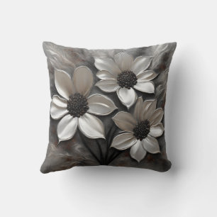 Silver Gray Black Modern Floral Throw Pillow