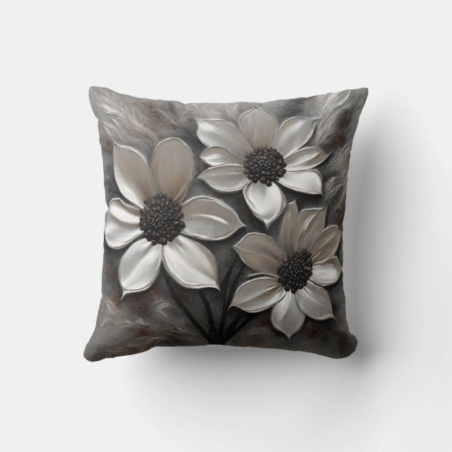 Silver Gray Black Modern Floral Throw Pillow (Back)