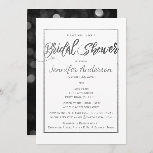 Silver Gray Black White Bridal Shower Invitation (Front/Back)