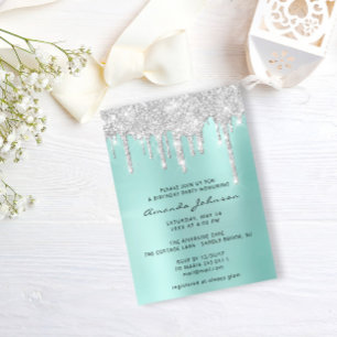 Silver Gray Blue Glitter Effect Drip Birthday Invitation