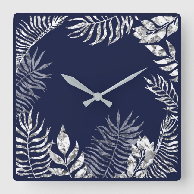 Silver Gray Blue Navy  Palm Botanical Metallic Square Wall Clock (Front)