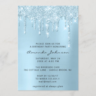 Silver Gray Blue Sky Glitter Effect Drip Birthday Invitation