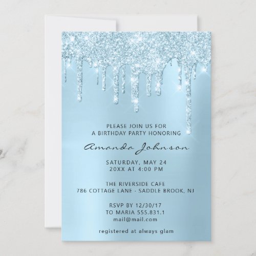 Silver Gray Blue Sky Glitter Effect Drip Birthday Invitation