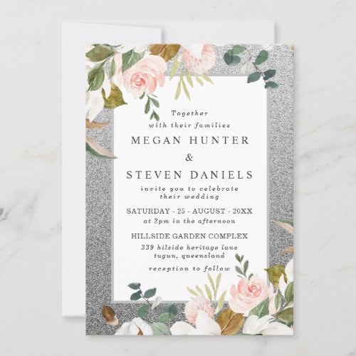Silver Gray  Blush Glitter Floral Modern Wedding Invitation