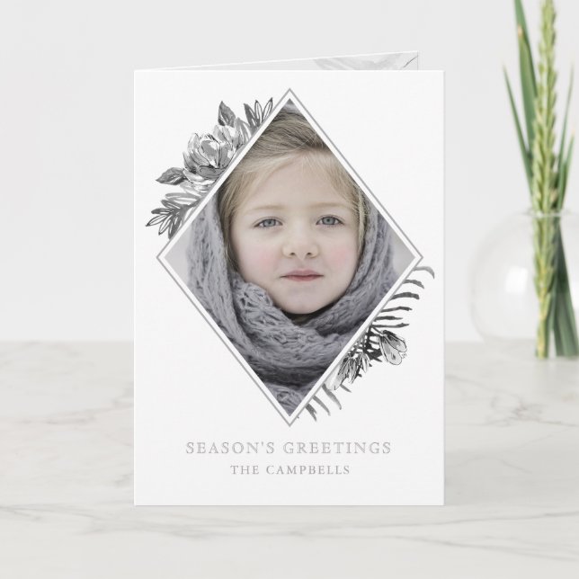 Silver Gray Botanical Elegant Photo Holiday Card (Front)