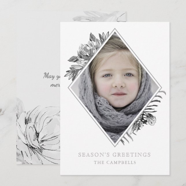 Silver Gray Botanical Elegant Photo Holiday Card (Front/Back)