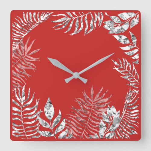 Silver Gray  Bright Red Palm Botanical Metallic Square Wall Clock