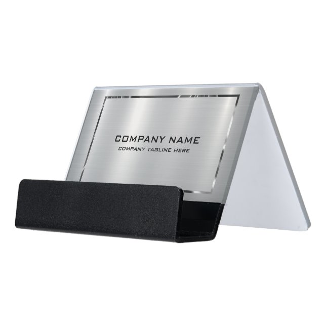 Silver Gray Brushed Aluminum Texture Desk Business Card Holder (Angled Front)