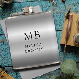 Silver Gray Brushed Faux Metallic Black Monogram Flask