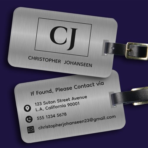 Silver Gray Brushed Metal Black Bold Monogrammed  Luggage Tag