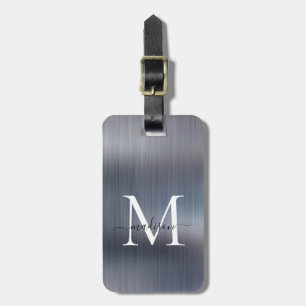 Silver Gray Brushed Metal Foil Script Monogram Luggage Tag