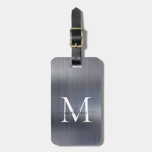 Silver Gray Brushed Metal Foil Script Monogram Luggage Tag