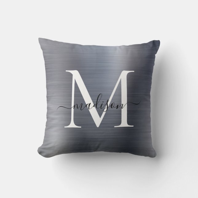 Silver Gray Brushed Metal Girly Script Monogram Throw Pillow (Front)