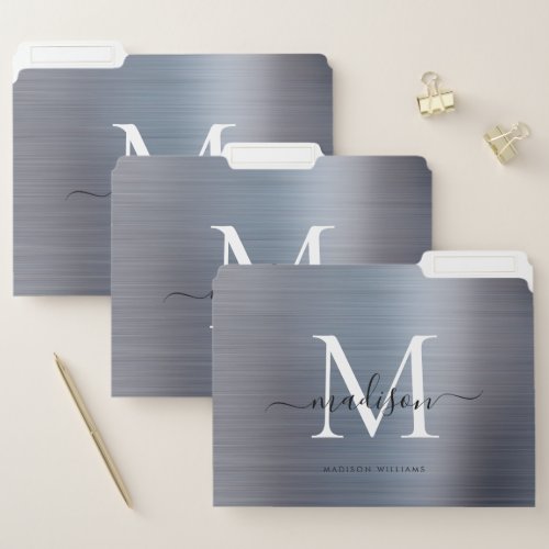 Silver Gray Brushed Metal Monogram Script Name File Folder