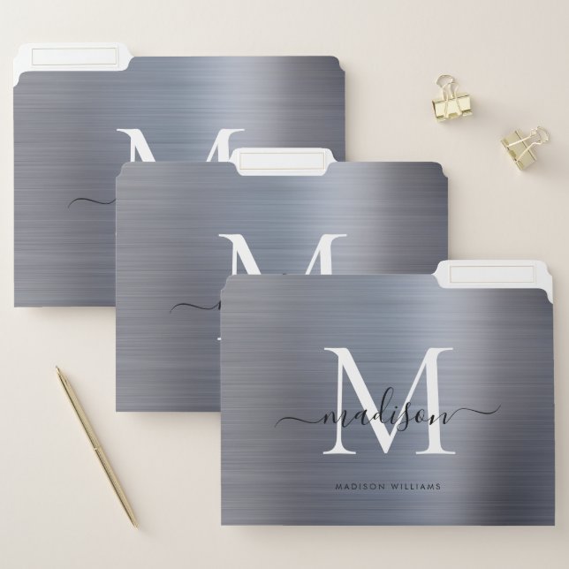 Silver Gray Brushed Metal Monogram Script Name File Folder (Set)