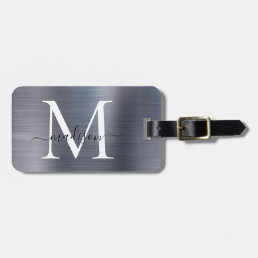 Silver Gray Brushed Metal Script Monogram Cute Luggage Tag