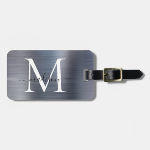 Silver Gray Brushed Metal Script Monogram Cute Luggage Tag