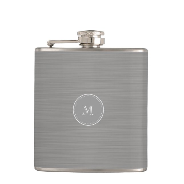 silver gray brushed metal texture and monogram flask (Front)