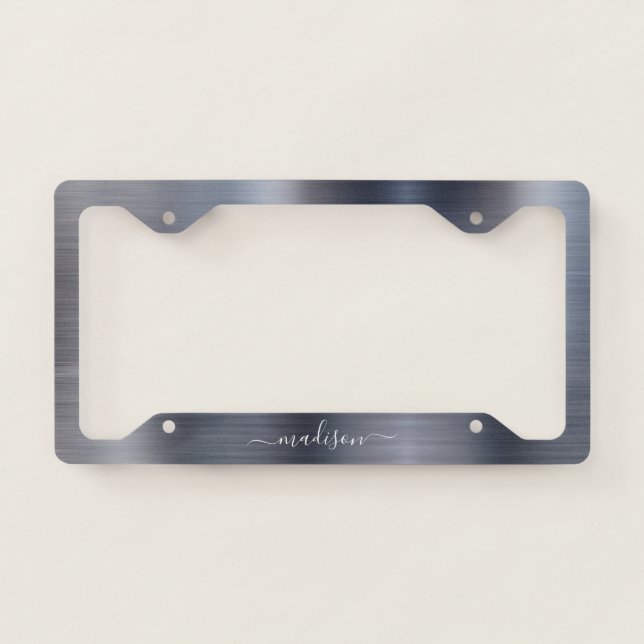 Silver Gray Brushed Metallic Monogram Girly Script License Plate Frame (Front)