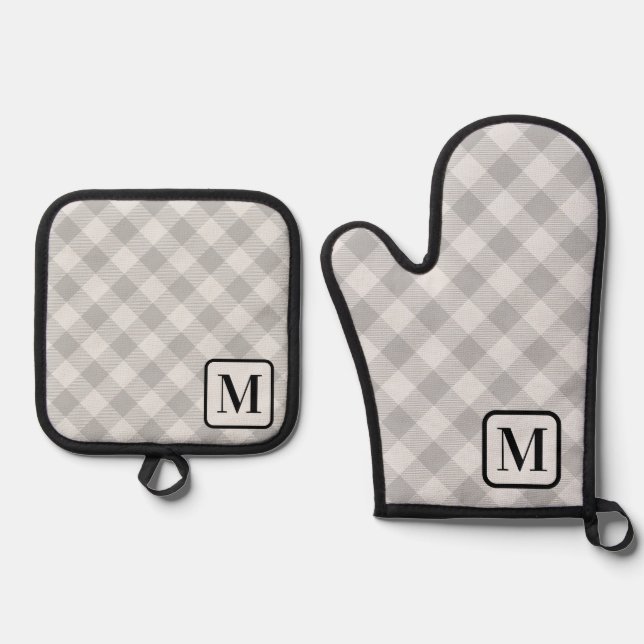 Silver Gray Buffalo Plaid Gingham Monogrammed Oven Mitt & Pot Holder Set (Front)