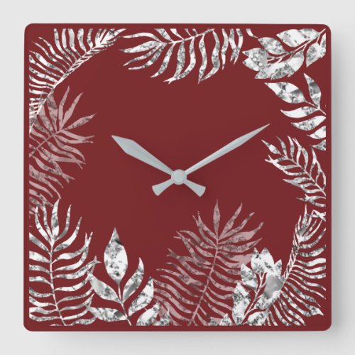 Silver Gray Burgundy Red Palm Botanical Metallic Square Wall Clock