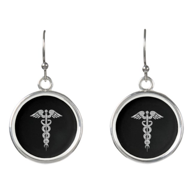 Silver gray caduceus on black earrings (Front)