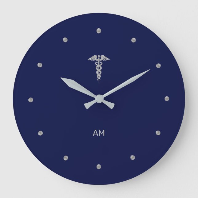 Silver Gray Caduceus on Navy Blue Round Clock (Front)