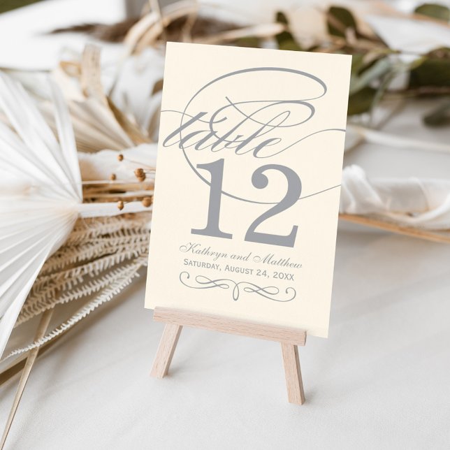 Silver Gray Calligraphy Script Wedding Monogram Table Number (Creator Uploaded)