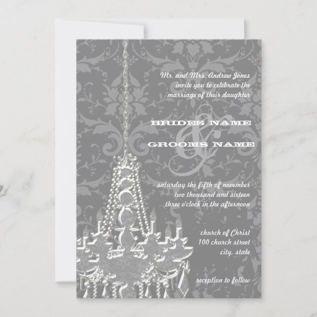 Silver & Gray Chandeliers Damask Wedding Invite (Front)