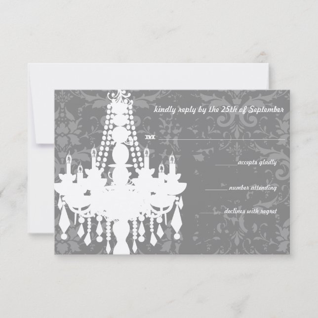 Silver & Gray Chandeliers Damask Wedding RSVP Card (Front)
