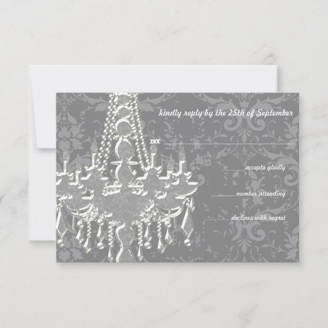 Silver & Gray Chandeliers Damask Wedding RSVP Card (Front)