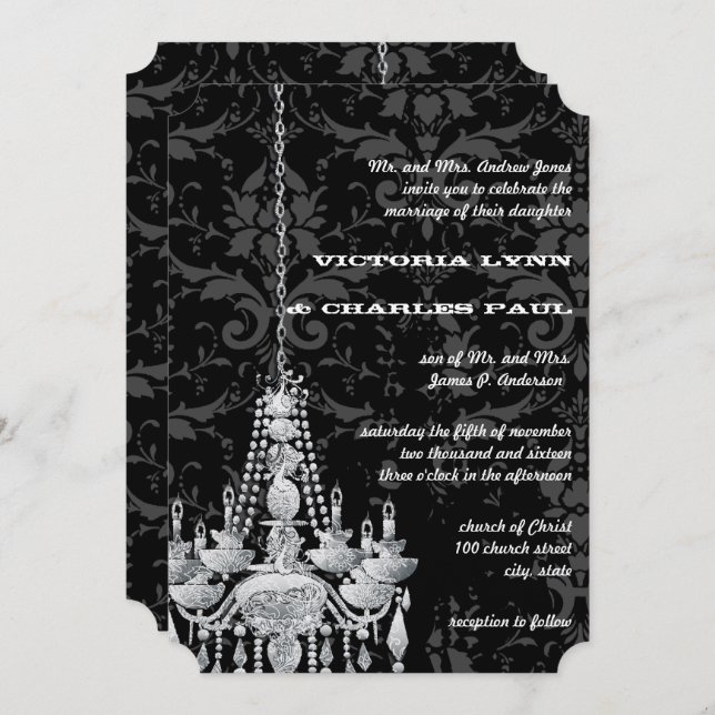 Silver & Gray Chandeliers Victorian Damask Wedding Invitation (Front/Back)