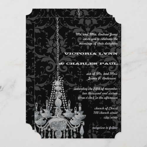 Silver  Gray Chandeliers Victorian Damask Wedding Invitation