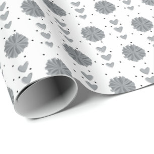 Silver Gray Cheerleader Pom Poms & Hearts Pattern Wrapping Paper