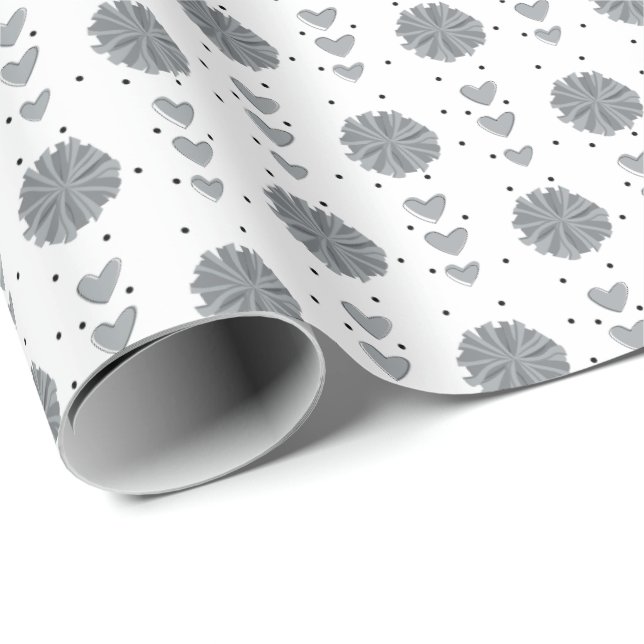 Silver Gray Cheerleader Pom Poms & Hearts Pattern Wrapping Paper (Roll Corner)