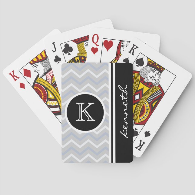 Silver Gray Chevron Black Monogram Name Custom Poker Cards (Back)